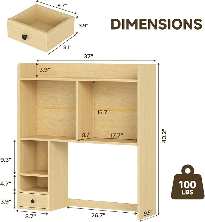 knoworld Desktop Bookshelf for 27" Monitor, Space-Saving Engineered Wood Desk Hutch Organizer with Adjustable Shelves & Drawer, Clutter-Free Tabletop Bookcase for Dorm & Home Office, Natural