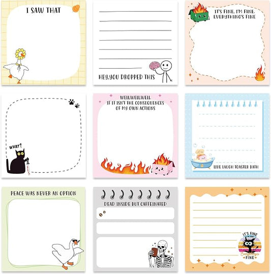 Funny Sticky Notes Gifts - 9 Pack Funny Notepads for Work 3x3 Inch, Fun Self-Stick Memo Pads Work Gifts for Coworkers Students, Sarcastic Gag Office School Supplies (450 Sheets)