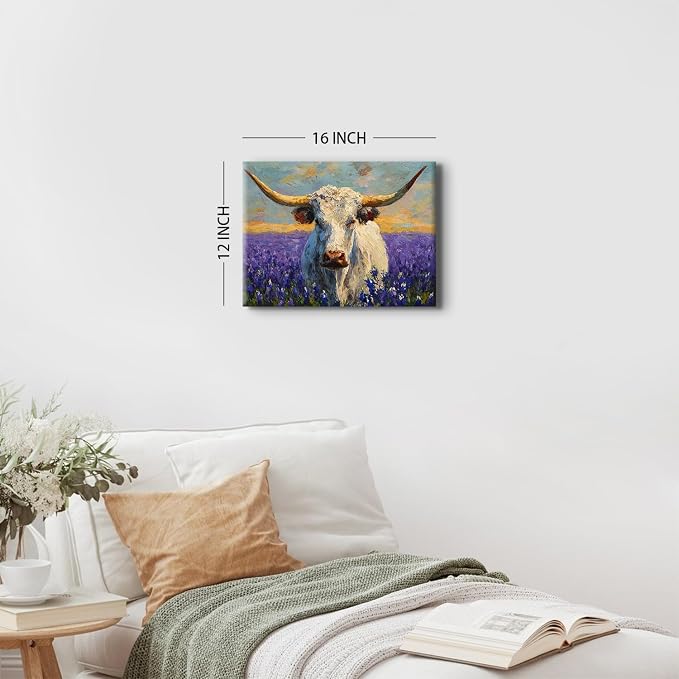 Purple Lavender Wall Art Highland Cow Wall Decor Abstract Nature Texas Longhorn Cow Canvas Picture for Kitchen Living Room Watercolor Sunset Meadow Scenery Poster Western Artwork Decoration 12x16”