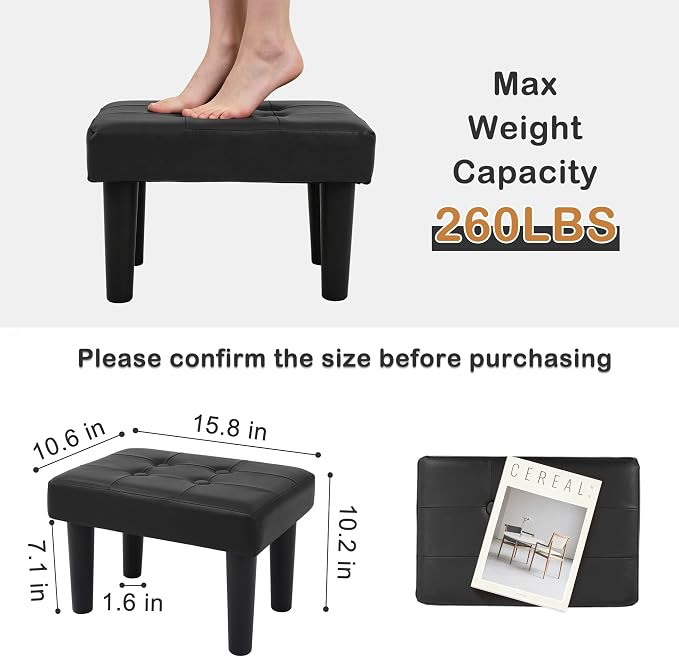 CAROLMADE Footstool Ottoman with Legs, PVC Small Foot Rest Under Desk, Ottoman with Storage for Living Room, Bedroom, Entryway Black