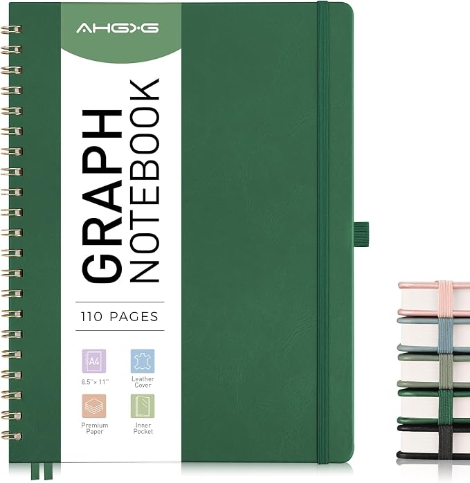 AHGXG Graph Paper Notebook - Spiral Notebook 8.5" x 11", A4 Large Hardcover Leather Journal Grid Notebook, 100 gsm Thick Graph Paper,Journals for School Writing Graphing Engineering Math, Green