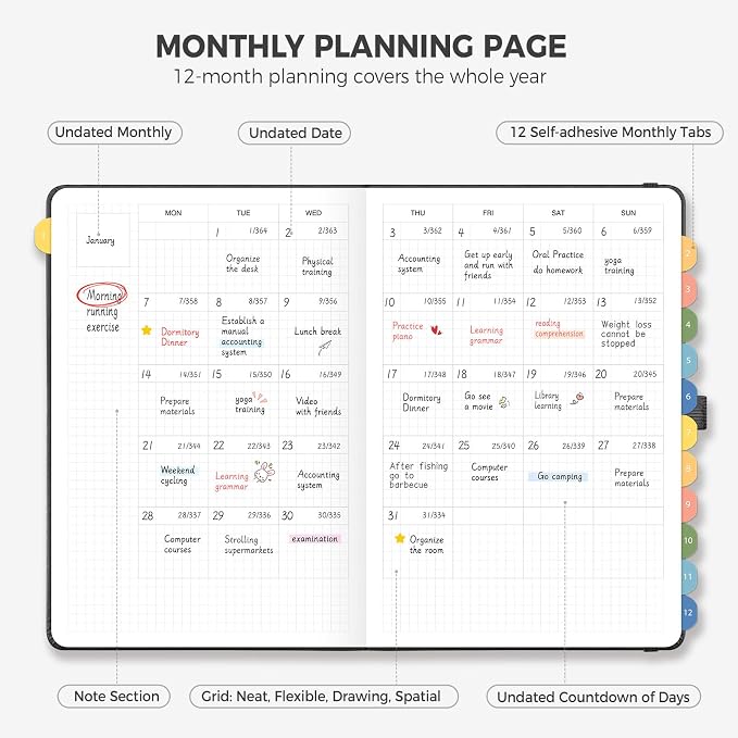Undated Appointment Book, Hourly, Daily, 52 Weekly & 12 Monthly Planner, 6 AM - 8 PM, Medium Size (5.7" x 8.3"), Leather Hardcover, 12 Self-adhesive Monthly Tabs (Black)