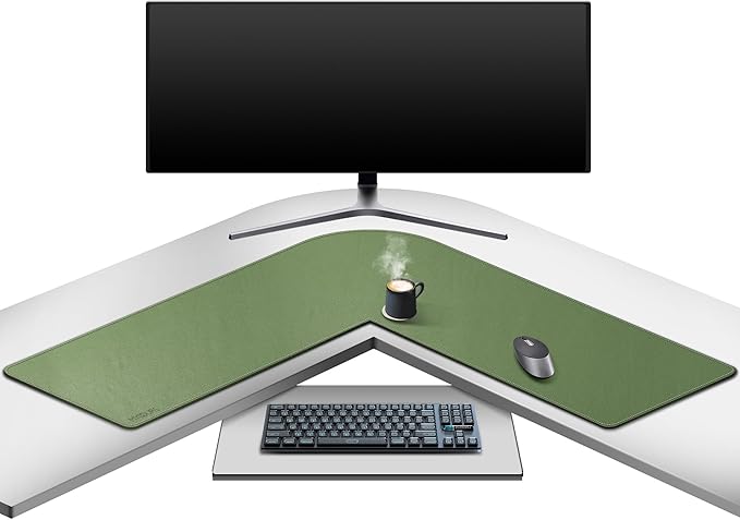Mydours L-Shape Desk Pad, (38"+38") x 13" Large PU Leather Corner Desk Mat Blotter, XXL Large Waterproof Gaming Mouse Pad, Desktop Protector for Computer Keyboard Home Office (Green)