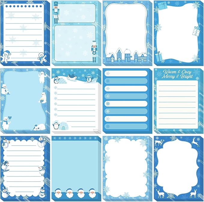 12 Pcs Christmas Sticky Notes Christmas Design Self Adhesive Note Pads Winter Snowflake Sticky Memo Blue Cartoon Snowman Penguin Notepad for Xmas Gift Office Home Supplies Present