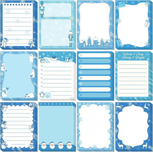 12 Pcs Christmas Sticky Notes Christmas Design Self Adhesive Note Pads Winter Snowflake Sticky Memo Blue Cartoon Snowman Penguin Notepad for Xmas Gift Office Home Supplies Present