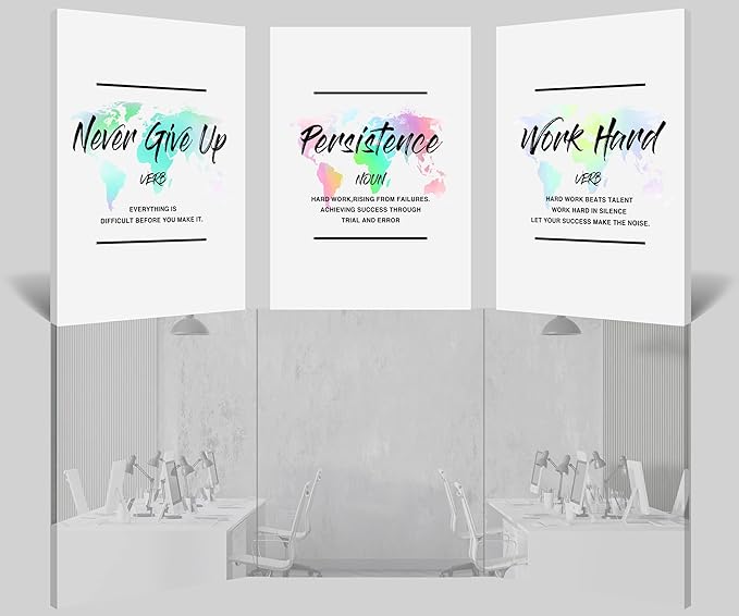 Inspirational Wall Art, Office Pictures for Wall Decor, Motivational Canvas Wall Art for Men, Never Give Up - Persistence - Work Hard Entrepreneur Quote Framed Artwork for Workplace Decor 24”x36”x3Pcs