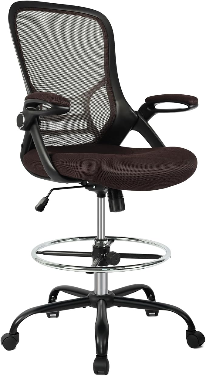 HYLONE Drafting Chair, Tall Office Chair Standing Desk Chair Brown Mesh High-Back Drafting Stool with Flip-Up Arms, Adjustable Foot Ring, Brown