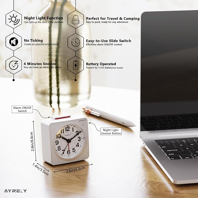 AYRELY® 2.6" × 1.4" Ultra Small Battery Operated Analog Travel Alarm Clock | Silent Non-Ticking Retro Bedside Table Clock with Snooze, Light and Easy Top Alarm Switch for Travel and Bedrooms (White)