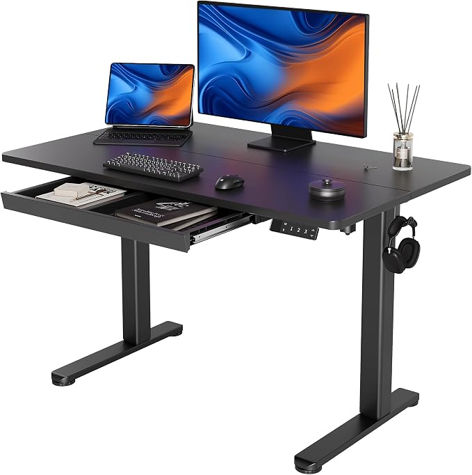 YDN Standing Desk with Drawer 48 x 24 Inch Electric Height Adjustable Black | Steel frame supports 176 lbs, 28.3 to 46.5 inch height range, 3 memory presets, quiet 45 dB motor, drawer holds 11 lbs