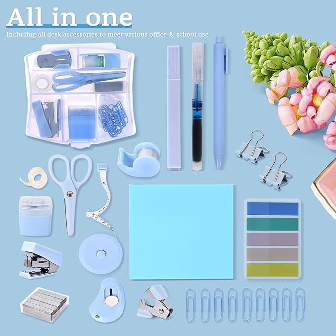 Mini Office Supply Kit, Blue Stapler with Staples and Tape Dispenser Set, Mini Stationary Kit Includes Sticky Notes Index Tabs Highlighters Gel Pens for Office & School (Blue)