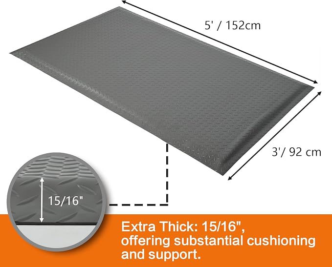 Nisorpa Anti Fatigue Mats Industrial 3' x 5' Ergonomic Standing Mat 15/16" Extra Thick Shop Floor Mat Kitchen Mats Heavy Duty Commercial Diamond Plate Support for Leg & Back Pain,Grey