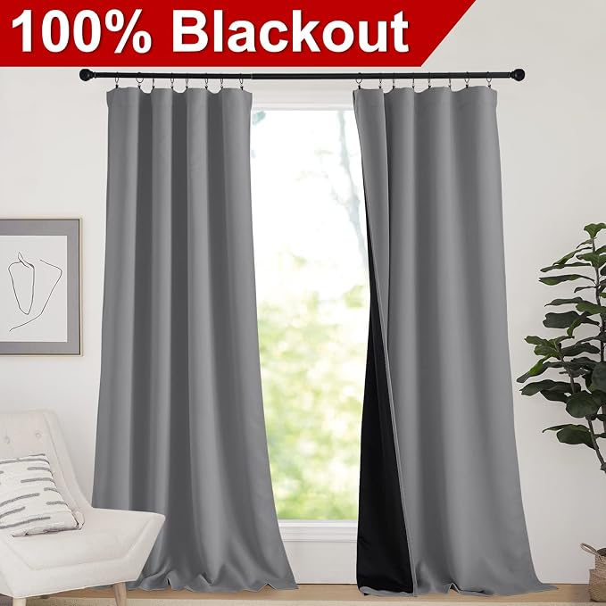 NICETOWN Total Shade Curtains and Draperies, Silver Grey Blackout Bedroom Curtains, Heavy-Duty Rod Pocket Drapes with Black Liner Backing for Villa/Hall/Dorm (1 Pair, 52 inches Wide x 95 inches Long