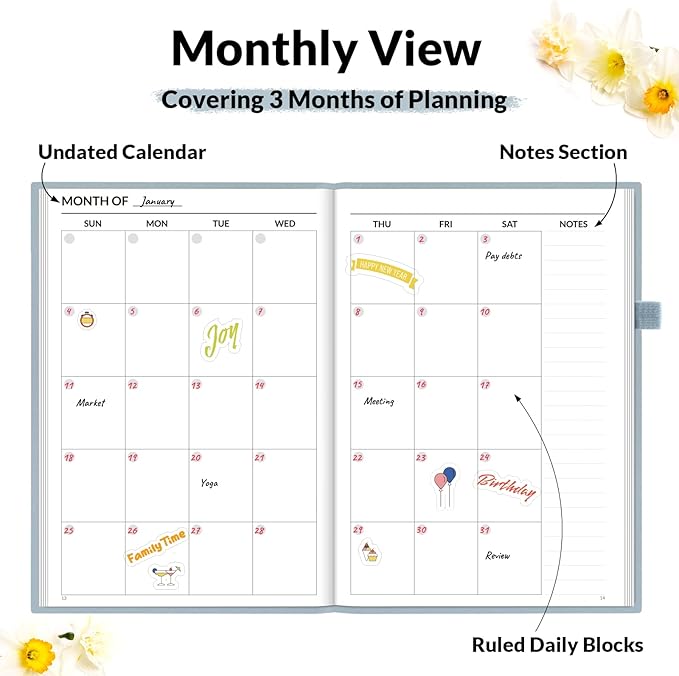 SUNEE Adhd Daily Planner for Adults,3-Month Undated Daily Weekly Monthly Planner for Productivity, Goal Setting, Time Management, Work & Life - for Men & Women,Vision Board + Stickers,Gray Blue