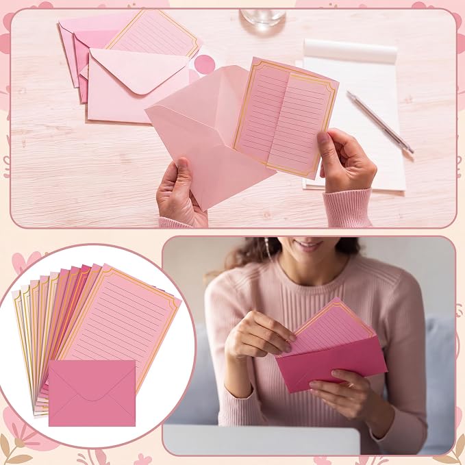 TaoBary 160 Packs Stationery Paper Set (50 Double Sided Stationery Writing Papers 50 Matching Envelopes) 60 Round Dot Sticker, 10 Design (5.5 x 8.25 Inch,Pink Color)