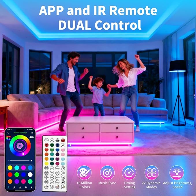 LED Strip Lights,RGB Music Sync Color Changing Led Lights with Smart App Control Remote & Remote Control,LED Lights for Bedroom,Room Essentials,Sense of Atmosphere Decorations(32FT-1Roll)