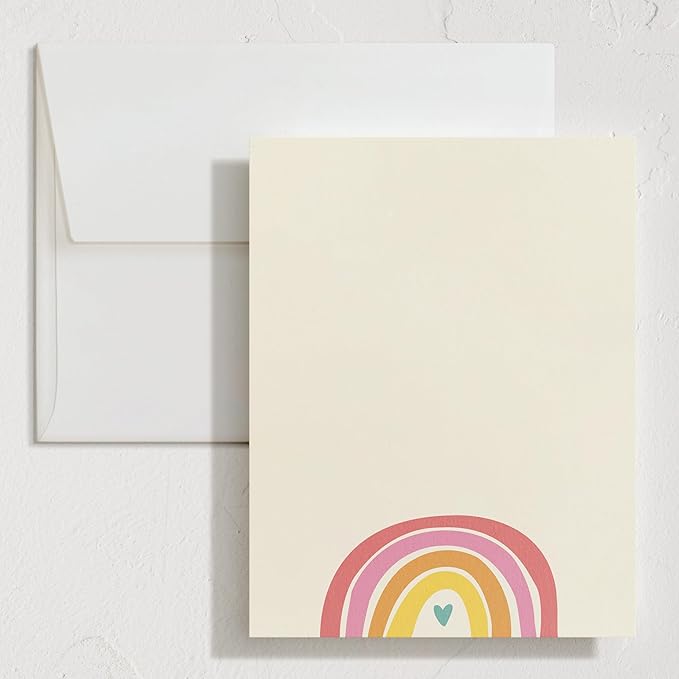 Minted Cheerful Stationery Set, Set of 10, Flat Note Cards & Envelopes for Invitiations and Handwritten Thank You Messages, Rainbow with Heart Accent, Gifts for Teachers