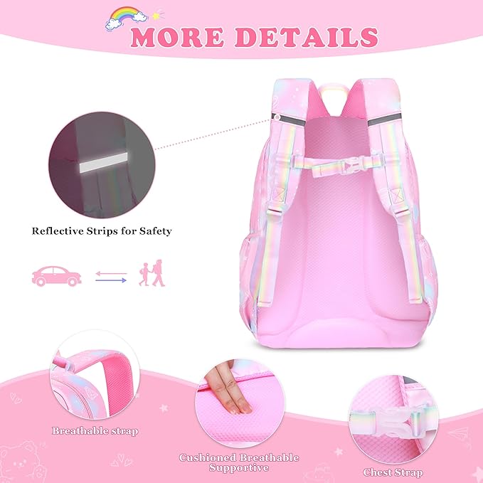 3PCS SET kids backpacks for girls, bookbag for girls backpack with lunch box Pencil Pouch Set back to school supplies for Kid, School backpack for girl Elementary School Student(PINK)