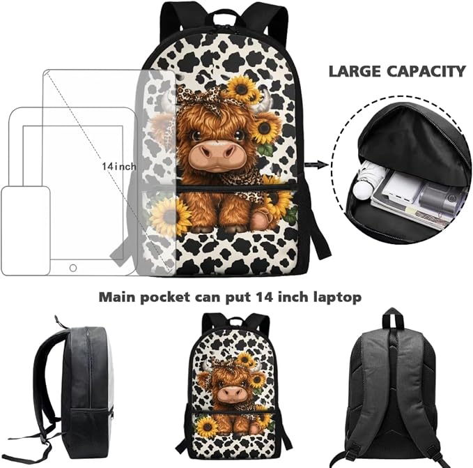 WELLFLYHOM Girls Highland Cow Elementary Backpack 4 Pcs Cow Print Book Bag | Kids Sunflower School Bag with Lunch Box Pencil Pouch Water Bottle Sleeve Daypack Set for School Sport Travel