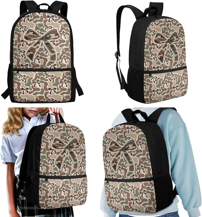 WELLFLYHOM 17 Inch Camo Bow School Backpack Set for Girls 5-8, 4 in 1 Set | Khaki Book Bag with Lunch Box Pencil Pen Case Water Bottle Sleeve for Primary School Students