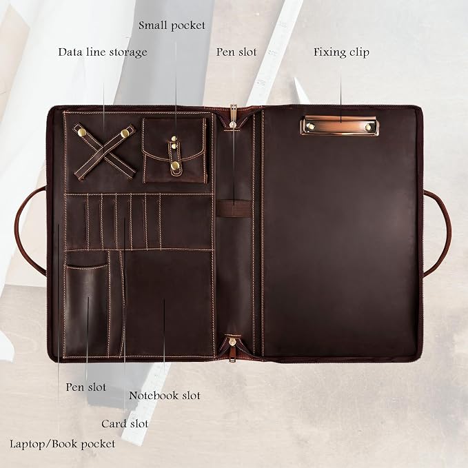 Genuine Leather Portfolio, Padfolio Organizer with Handle, Personalized Padfolio，Padfolio with Zipper for Men Women，Suitable for 15-inch Laptop Legal Pad Padfolio, Dark Brown