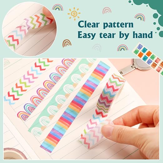 TaoBary 33 Rolls Washi Tape Set, 15 mm Holiday Washi Tape Set Seasonal Plaid Bohemian Colorful Vintage Cute for Card Wrapping Craft(Rainbow Style)
