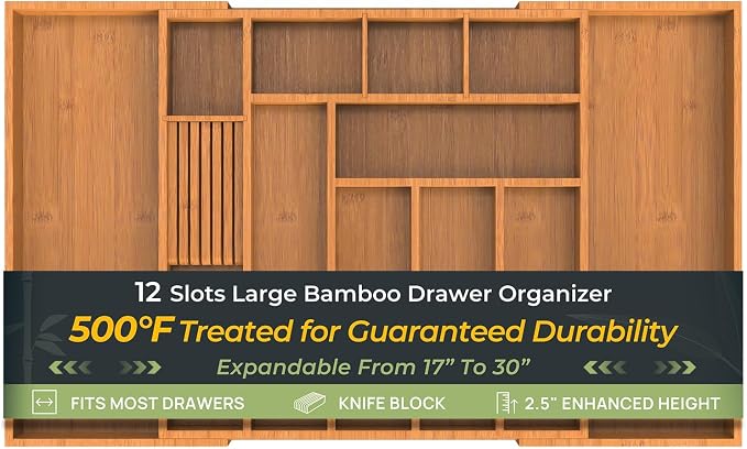 keechee Carbonized Large Bamboo Kitchen Drawer Organizer, 12 Slots Expandable Silverware Organizer, Utensil Holder & Cutlery Tray, 2.5" Deep for Extra Capacity, Non-Slip Feet Included