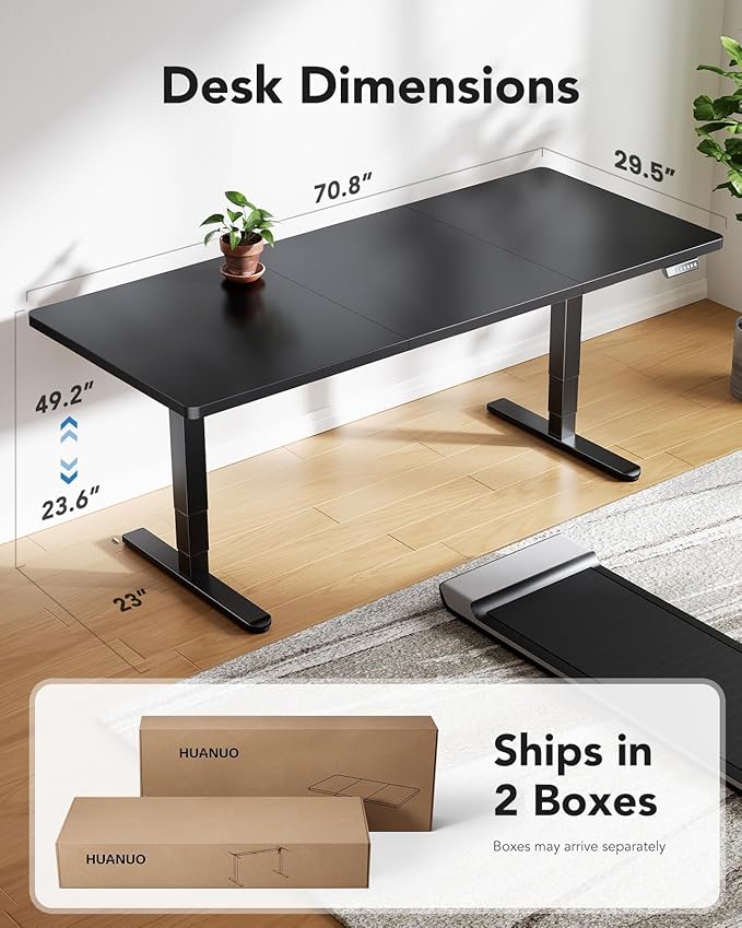 HUANUO 70x30 Inch 3-Stage Legs Electric Standing Desk, Large Height Adjustable Office Desk with Brushless Motor, Stand Up Desk with 4 Memory Presets & 2 Hooks, Computer Desk for Home Office, Black