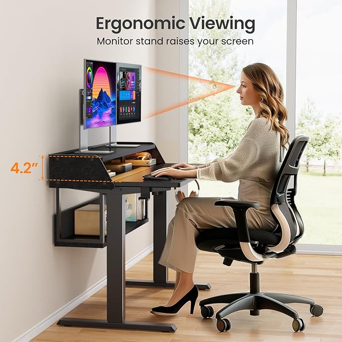 ErGear Electric Standing Desk, 55x28 Inch Adjustable Sit Stand Desk with Bookshelf & Monitor Stand, Standing Gaming Desk with LED Light Strip, Stand Up Desk for Home Office, Black | Raised Monitor Stand, 27.9–46.9 Inch Height Range, 4 Memory Presets, 1...