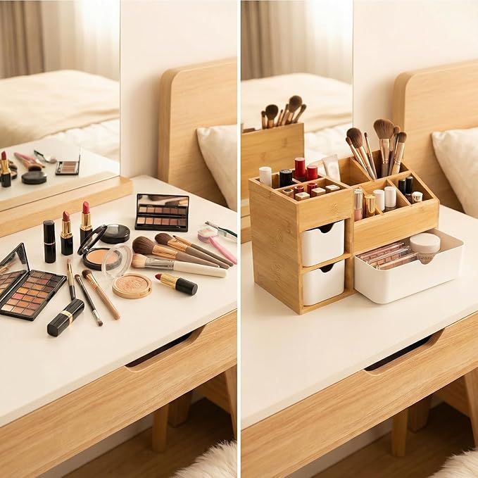 Bamboo Makeup Organizer with 3 Drawers, Dresser Cosmetic Organizer Box,Bamboo Desk Organizer for Home with Adjustable Dividers（11.5x5.4in）