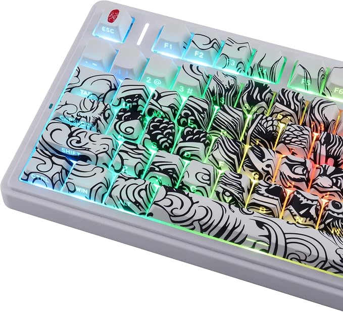 Tsungup PBT Keycaps,138 Keys Custom Cool Dragon Pattern Side Print Keycaps,Cherry Profile Key Caps Keyboard Keycap Set for 60% 65% 75% 80% 100% MX Switches Mechanical Keyboard(White)