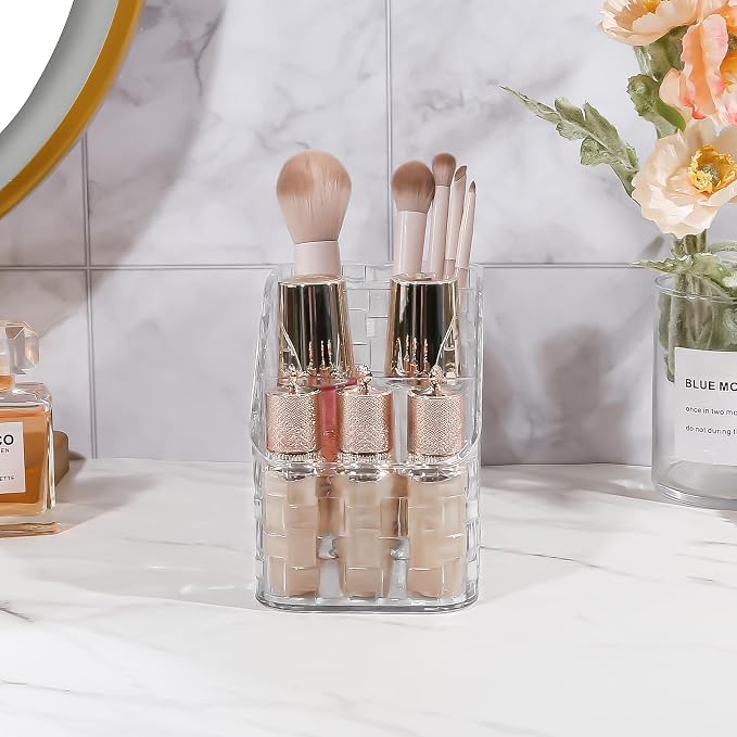 DASITON Makeup Brush Holder Organizer, 3 Slots Acrylic Makeup Brushes Storage Cup, Woven Texture Make Up Brush Holder for Vanity Bathroom Office, Pen Holder for Desk, Cosmetic Display Cases (Clear M)