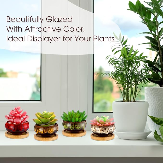 24 Pcs Ceramic Succulent Pots 2.5 Inch Small Plant Pots Indoor with Drainage and Bamboo Saucers Colorful Succulent Flower Planters for Garden Plants Home Decor