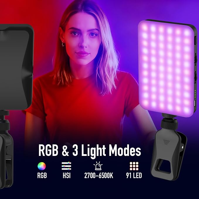 91 LED Portable Charger Selfie Light Video Conference Lighting | with Clip & Camera Tripod Adapter, Rechargeable 2000mAh, CRI 96+, 4 Light Modes, for Phone iPhone Webcam Laptop Makeup