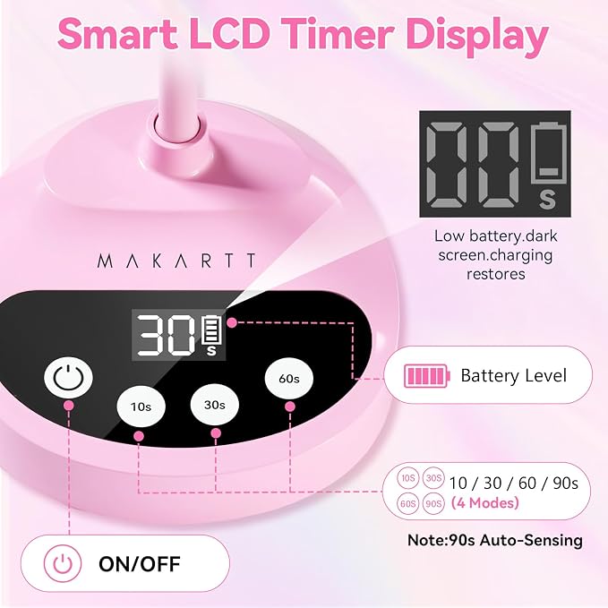 Makartt UV Nail Lamp - Gooseneck LED Nail Light with Auto Sensor & 4 Timers, Rechargeable USB Cordless Flash Cure Lamp Nail Dryer Fast Curing Gel Polish at DIY Home Salon(Pink)