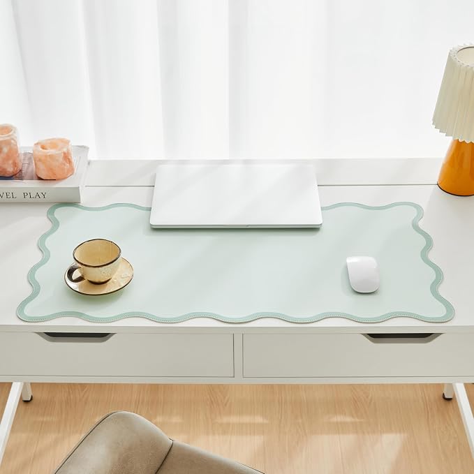 Scalloped Desk Mat, 31.5" x 15.7", PU Leather, Waterproof Anti-Slip, Cute Aesthetic Desk Pad for Office/Home/Game/Vanity (Sage, 31.5" x 15.7")
