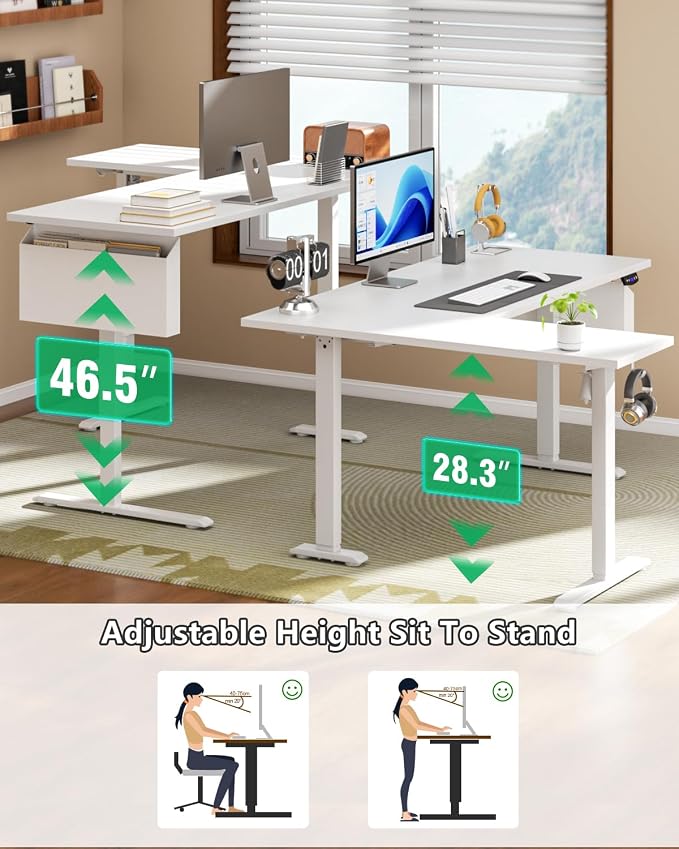 Korfile 63" L Shaped Standing Desk Height Adjustable Memory Presets White | Reversible Corner Desk, Ergonomic Sit to Stand, for Home Office, Work and Study, Weight Capacity 180lbs