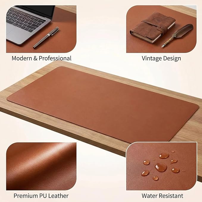 Leather Desk Mat, Non-Slip Table Protector Surface with Round Edge, Heat Resistant & Waterproof Desktop Writing Pad for Home and Office (11"*24"),Brown