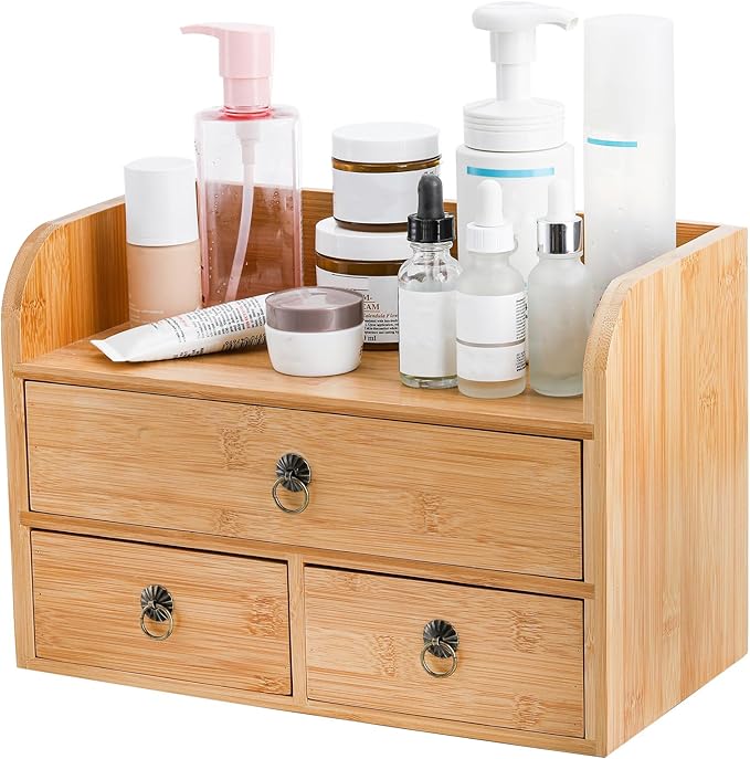 Nicunom Bamboo Desk Organizer, 3-Tier Bamboo Tabletop Storage Organization Multifunctional Desktop Organizer with Drawers for Home Office Toiletries Supplies Vanity