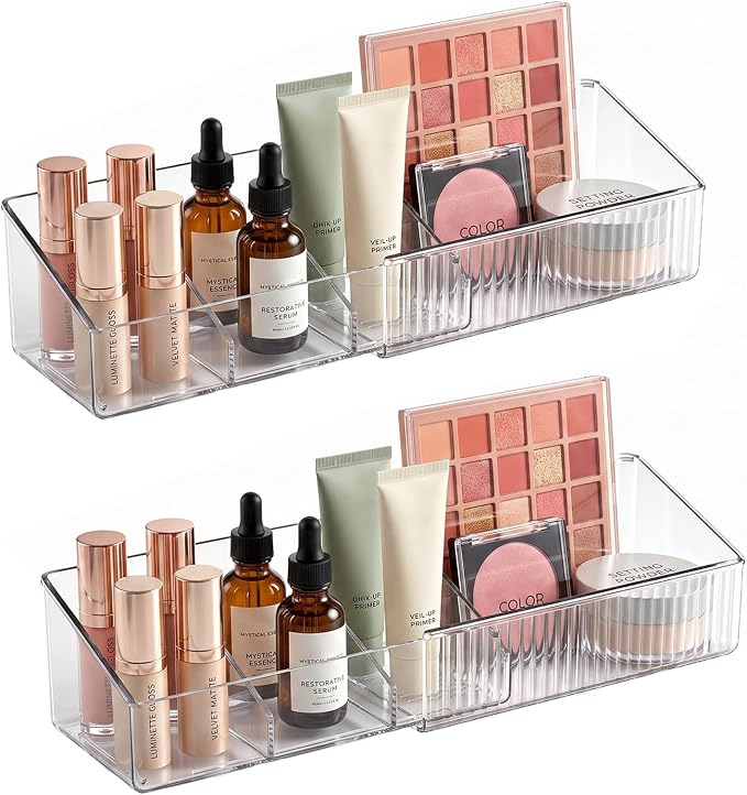 JessLab Expandable Mirror Cabinet Organizer, Clear Adjustable Makeup Bin with Dividers, Skincare Storage, Cosmetic Display Case for Bathroom Vanity Drawer, 2 Pack