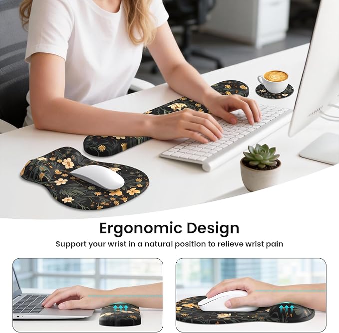 AKIT Ergonomic Mouse Pad and Keyboard Wrist Rest,Memory Foam,Flower Black | 3-in-1 Set Iincludes Mouse Pad and Keyboard Wrist Rest,Memory Foam for Comfort,Suitable for Home, Office, Gaming