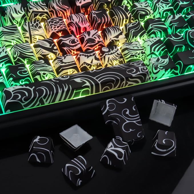 Tsungup PBT Keycaps,Custom Cool Dragon Pattern Side Print Keycaps(Black) | Tsungup Shine Through 138 Keys Cherry Profile Key Caps Keyboard Keycap Set for MX Switches Mechanical Keyboard