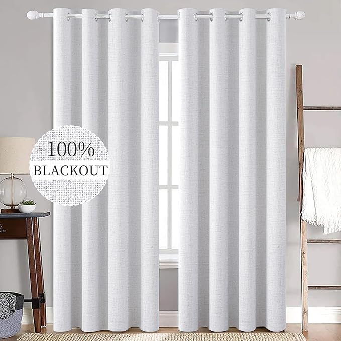 MIULEE White Blackout Curtains Linen Textured for Bedroom Thermal Insulated Room Darkening Grommet Curtains/Drapes for Living Room Decoration 52x84 Inch Grayish White 2 Panels