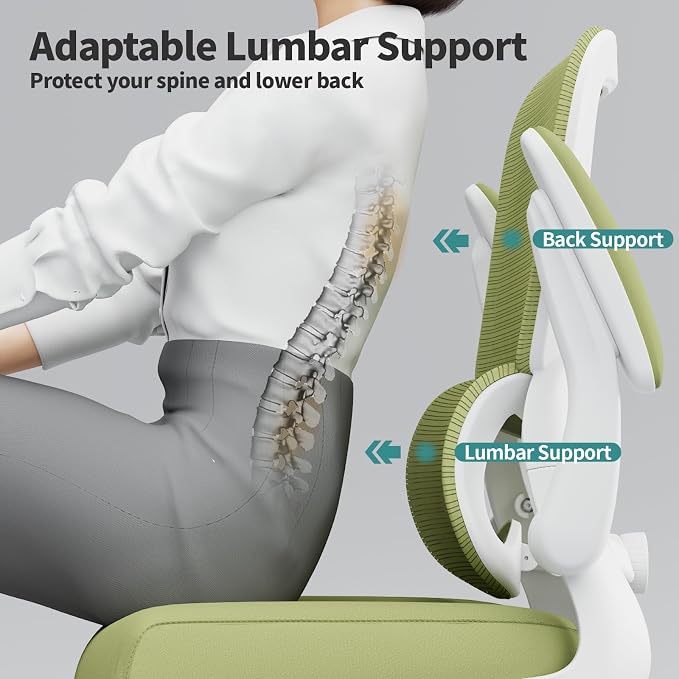 TRALT Office Chair - Ergonomic Desk Chair with Adjustable Lumbar Support, Mesh Computer Chair, Executive Chairs for Home Office Comfortable Lumbar Support (White Green)