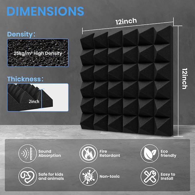 Focusound 52 Pack Sound Proof Foam Panels for Walls, 12" X 12" X 2" Pyramid Acoustic Foam Panels, High Density Noise Reduction Soundproof Panels for Studio Game Room with 300PCS Double-Side Adhesive