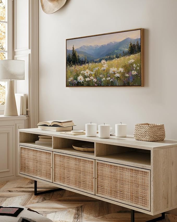 InSimSea Extra Large Framed Vintage Wall Art, Living Room Country Farmhouse Decor, Alpine Meadow Wildflowers Landscape Canvas Prints, Scenery Long Picture for Bedroom Above of Bed,20x40inch