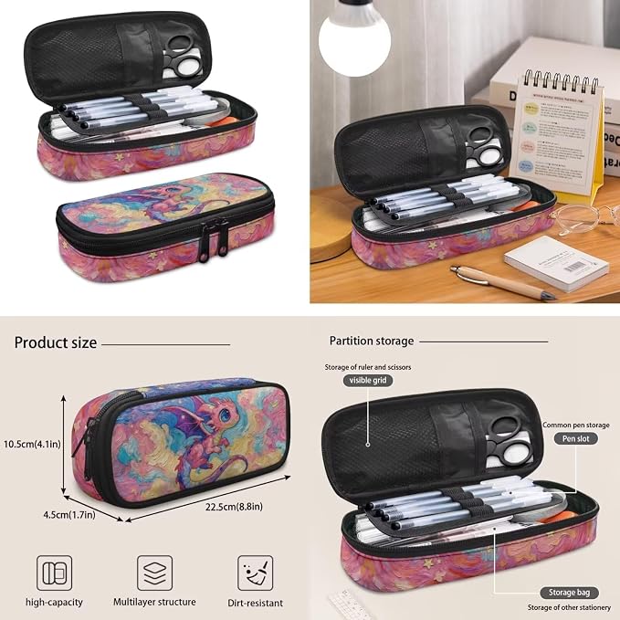 Pink Dragon Cute Backpacks for School Girl with Lunch Box, Starry Night Graphic 17 Inch Bookbag with Lunch Bag 4PCS Set, Elementary School Bag for Kids Age 6-8 Back to School