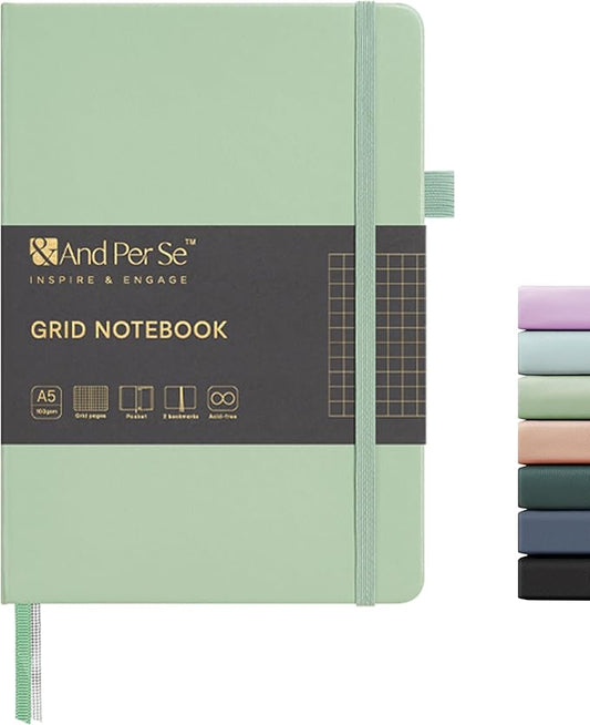 &And Per Se Graph Notebook, 5mm Grid, A5 Hardcover, 160 Pages 100gsm Thick Paper, Grid Journal for Diagrams, Wireframes, CAD Sketches (Light Green)