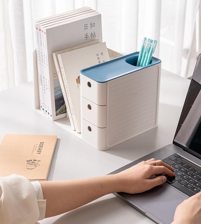 White Plastic Desktop Organizer with File Holder,3-tier Drawers with Pen Holder,Book Stand for Office Supplies and Desk Accessories (White+Blue)