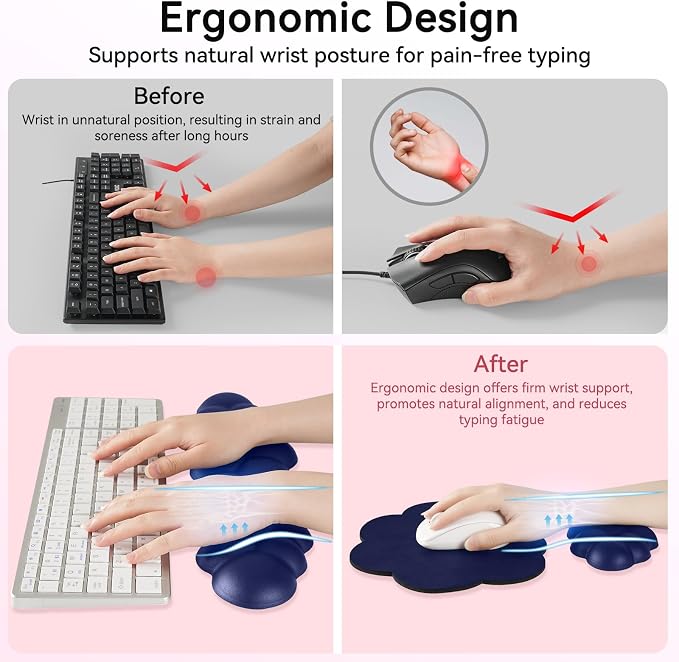 Sushret Cloud Wrist Rest for Computer Keyboard, 4-in-1 Memory Foam Leather Cloud Keyboard Wrist Rest and Mouse Pad Set with Ergonomic Support for Arm and Palm Cushion, Gaming/Work Setup, Dark Blue