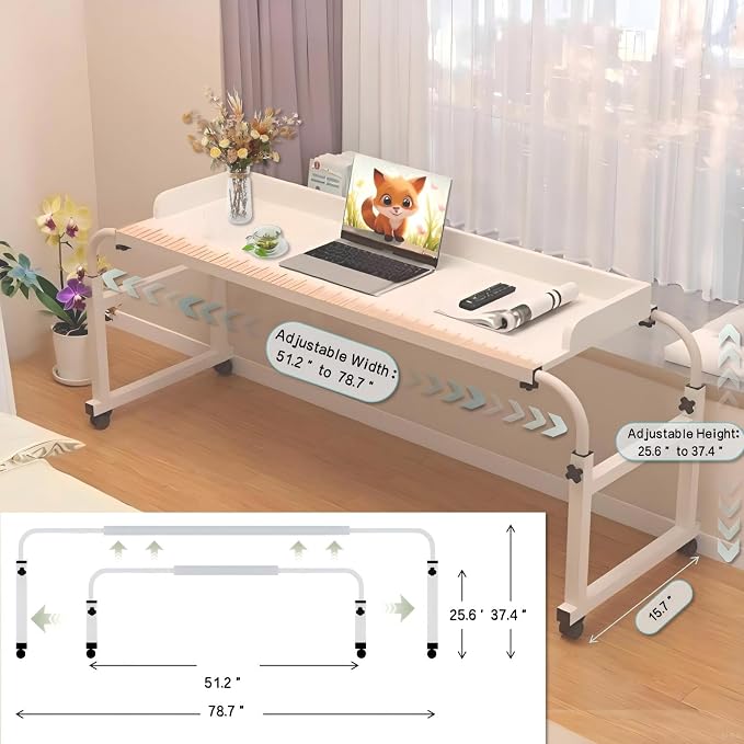 Overbed Table with Wheels and Desktop Enclosure, Height and Length Adjustable Over Bed Desk King Queen Bed Table Overbed Laptop Table (White)